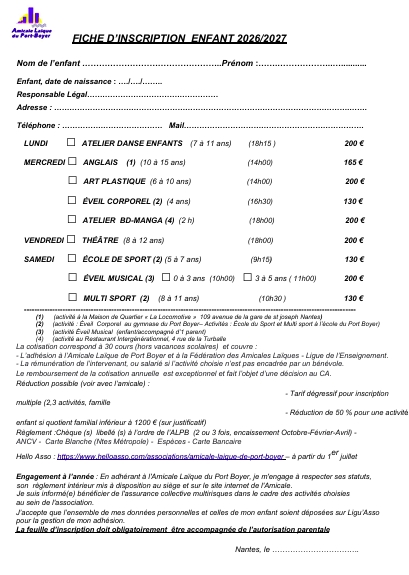 Bulletin d'inscription enfant de l'Amicale Laïque de Port-Boyer